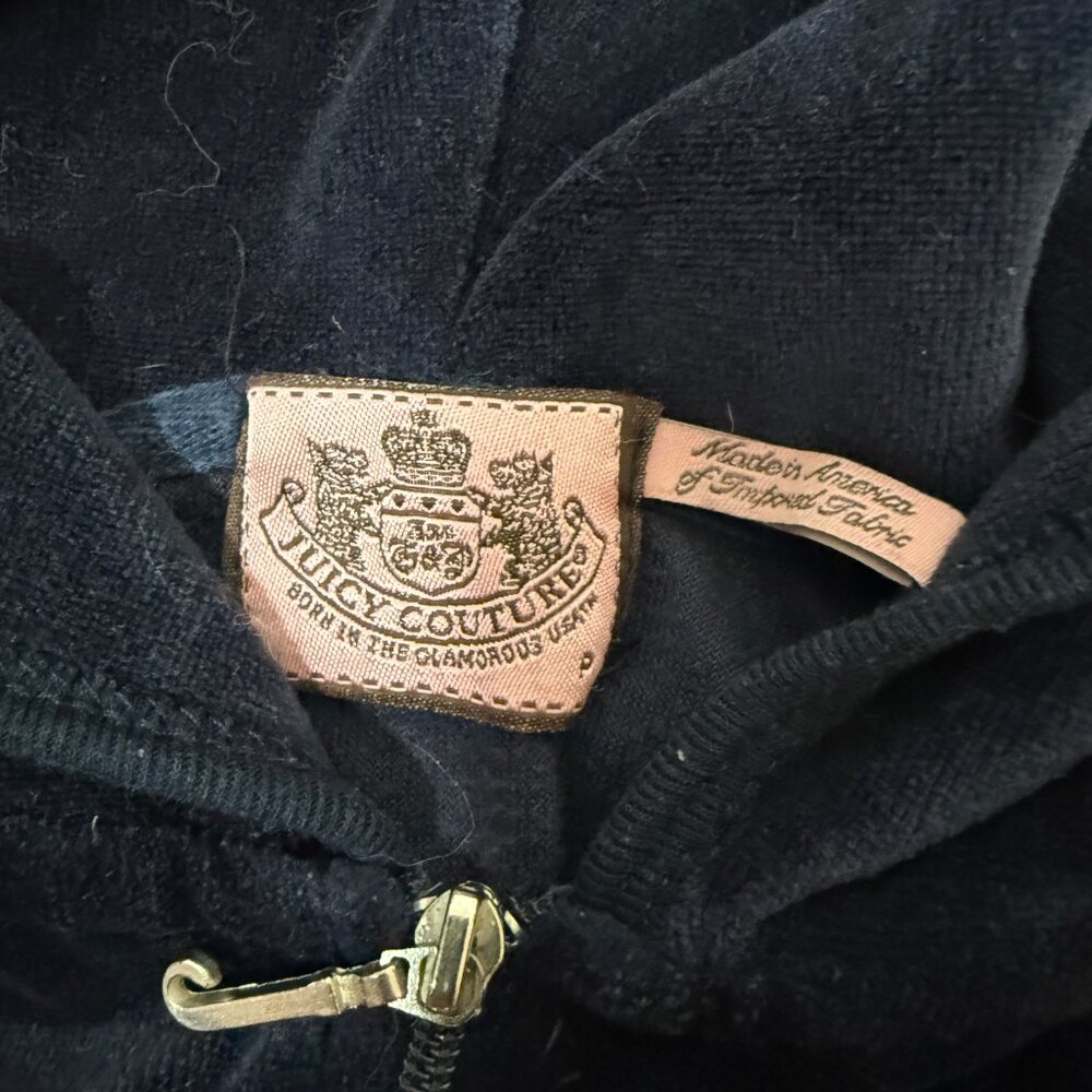 Juicy Couture Navy Blue Velour Hooded Zip Up Graphic Back Y2K XSP - Picture 7 of 9